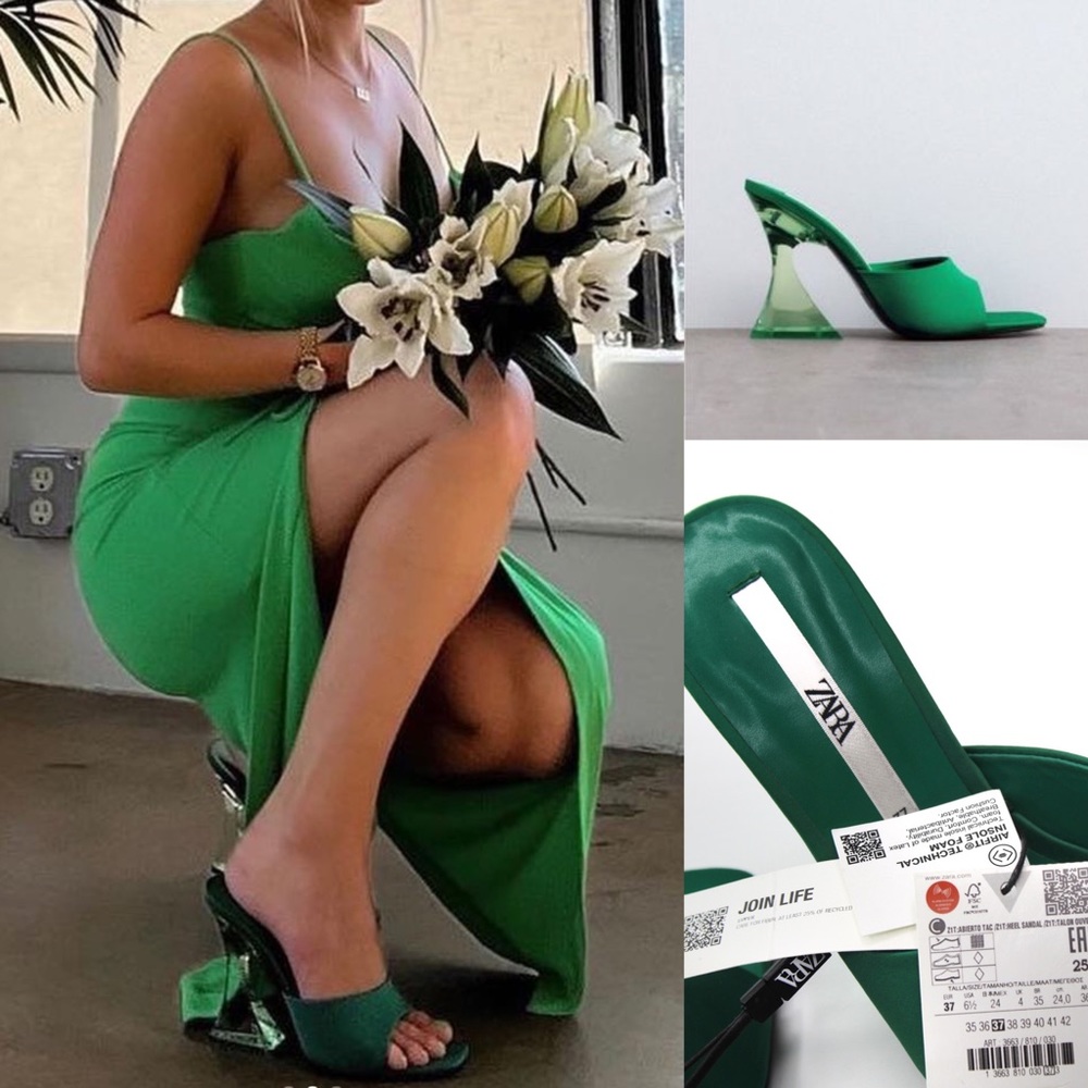 Zara NWT Green Satin Strap Clear Assymetrical Vinyl Green Heels Size 6.5 / 37